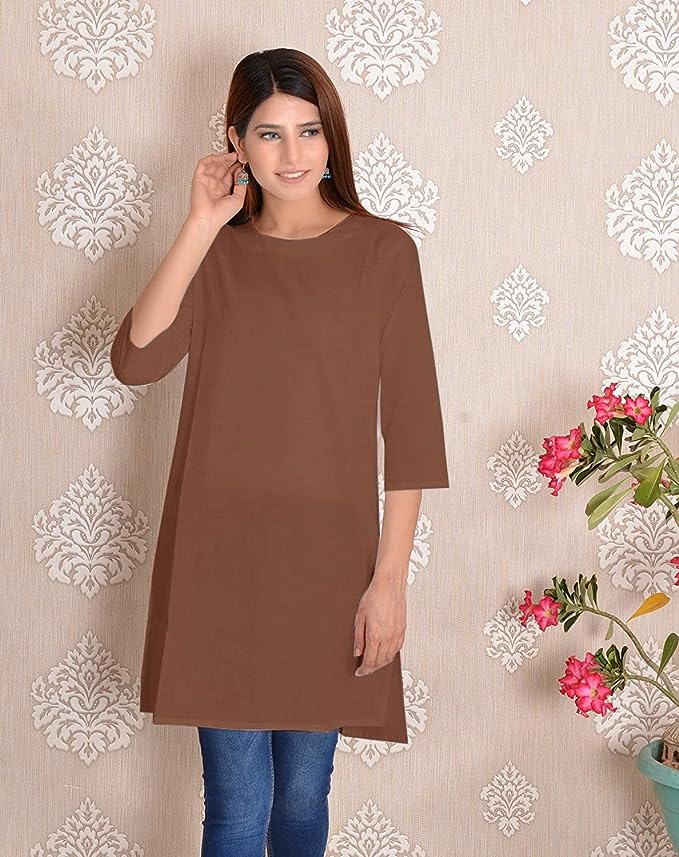 Brown round neck Plain Cotton Kurta