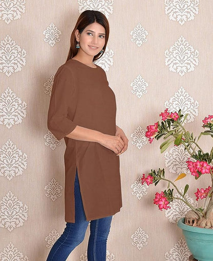 Brown round neck Plain Cotton Kurta