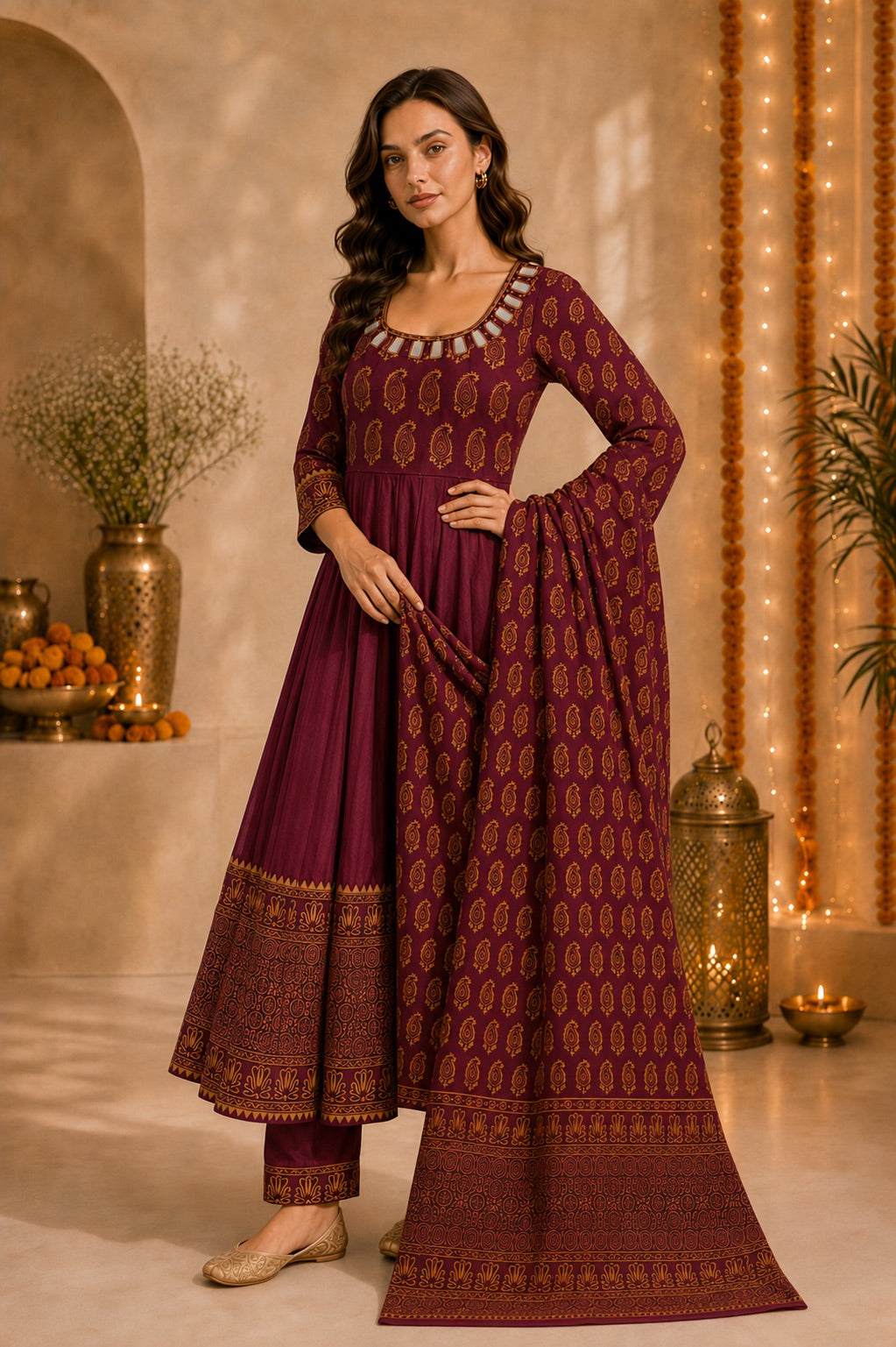 Women’s Paisley Printed Maroon Anarkali Kurta Set with Dupatta