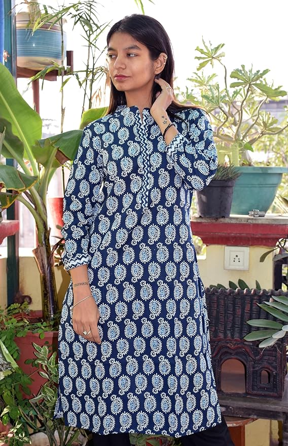 Indigo morpankhi collared round neck Printed Cotton Kurta