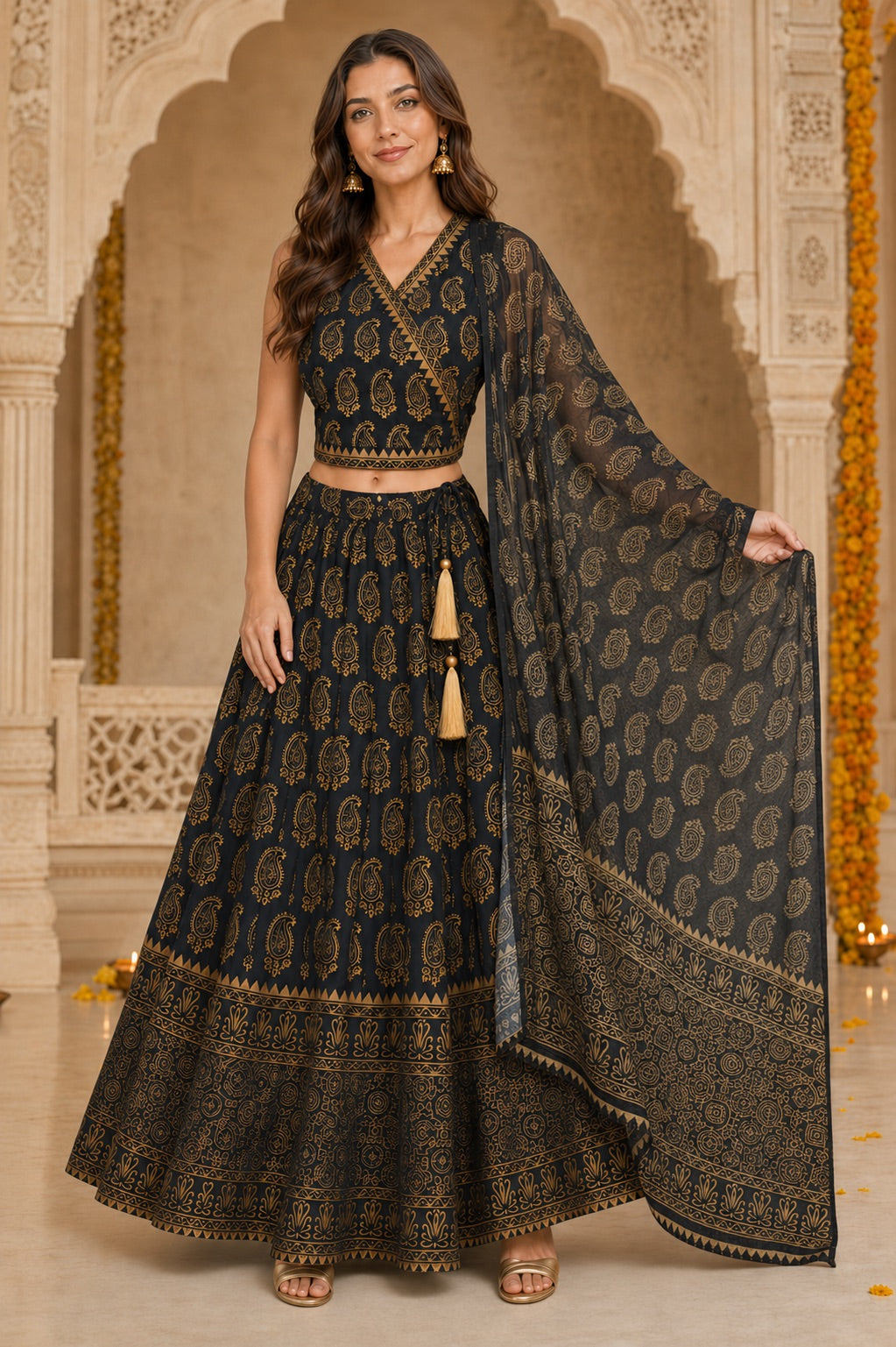 Noor Paisley Hand Block Printed Wrap Lehenga Set
