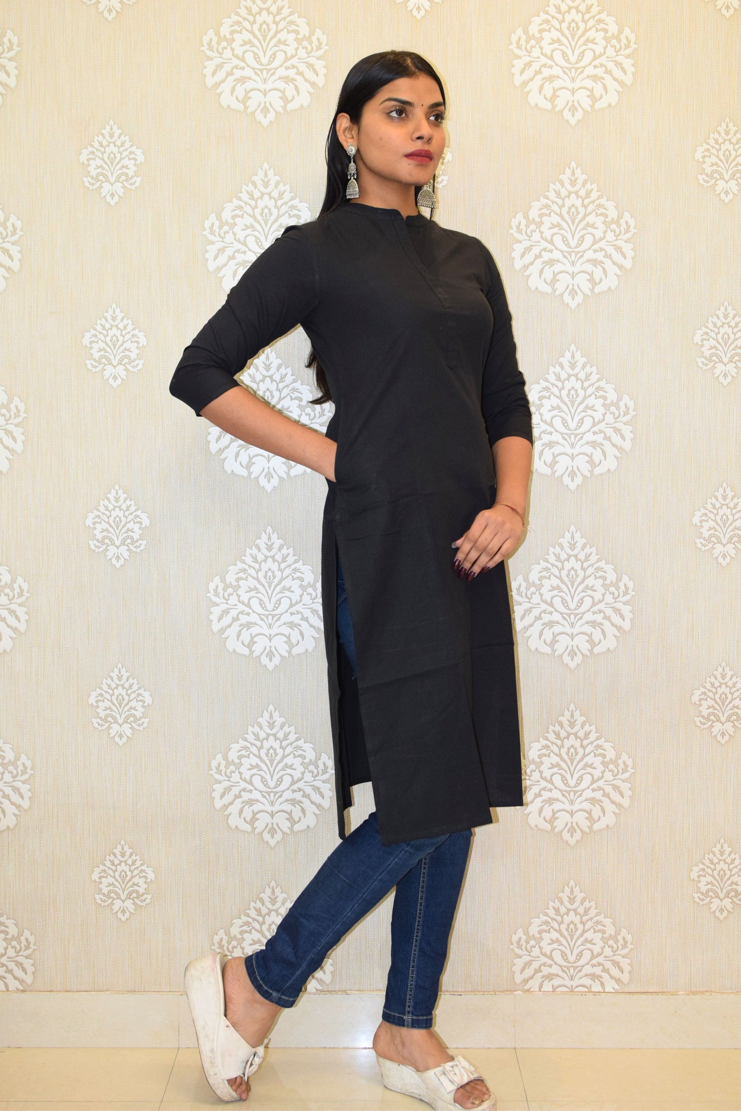 Black collared round neck Plain Cotton Kurta