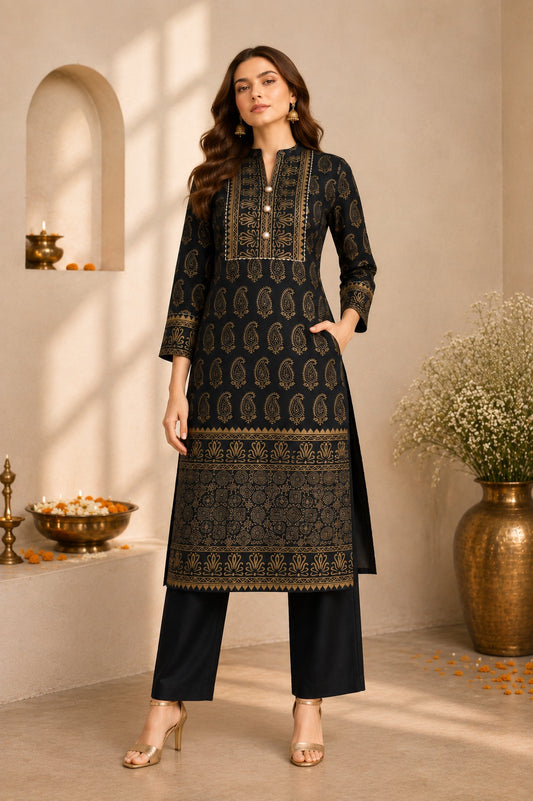 Raat Rani Black & Gold Paisley Print Festive Kurta for Women