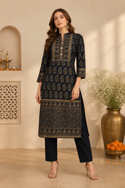 Raat Rani Black & Gold Paisley Print Festive Kurta for Women
