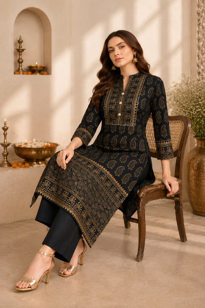 Raat Rani Black & Gold Paisley Print Festive Kurta for Women