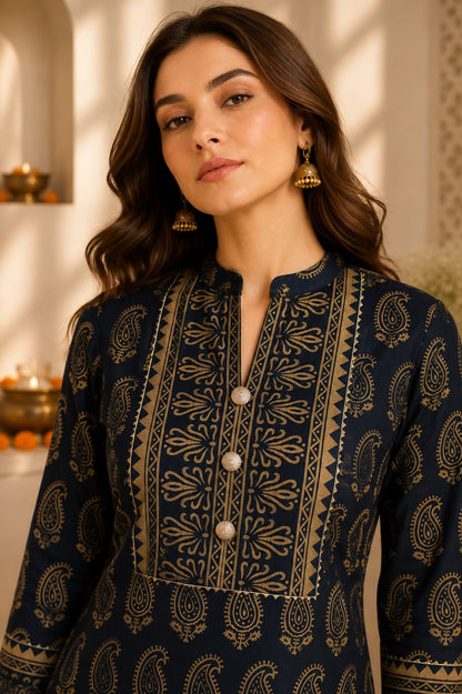 Raat Rani Black & Gold Paisley Print Festive Kurta for Women
