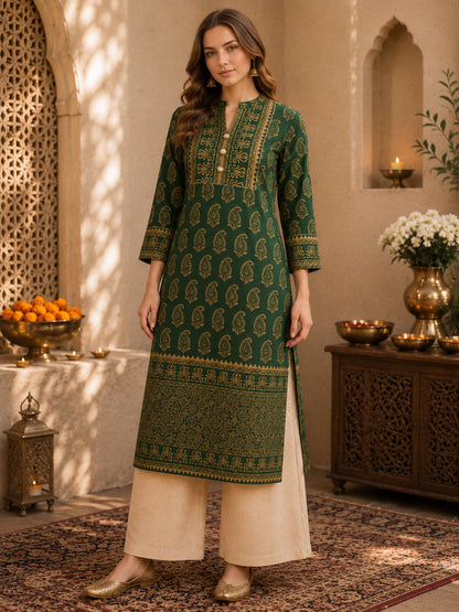 Noor-E-Mehfil Emerald Green & Gold Paisley Festive Kurta for Women