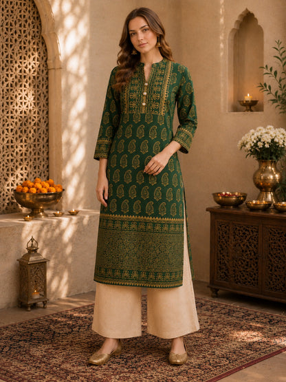 Noor-E-Mehfil Emerald Green & Gold Paisley Festive Kurta for Women