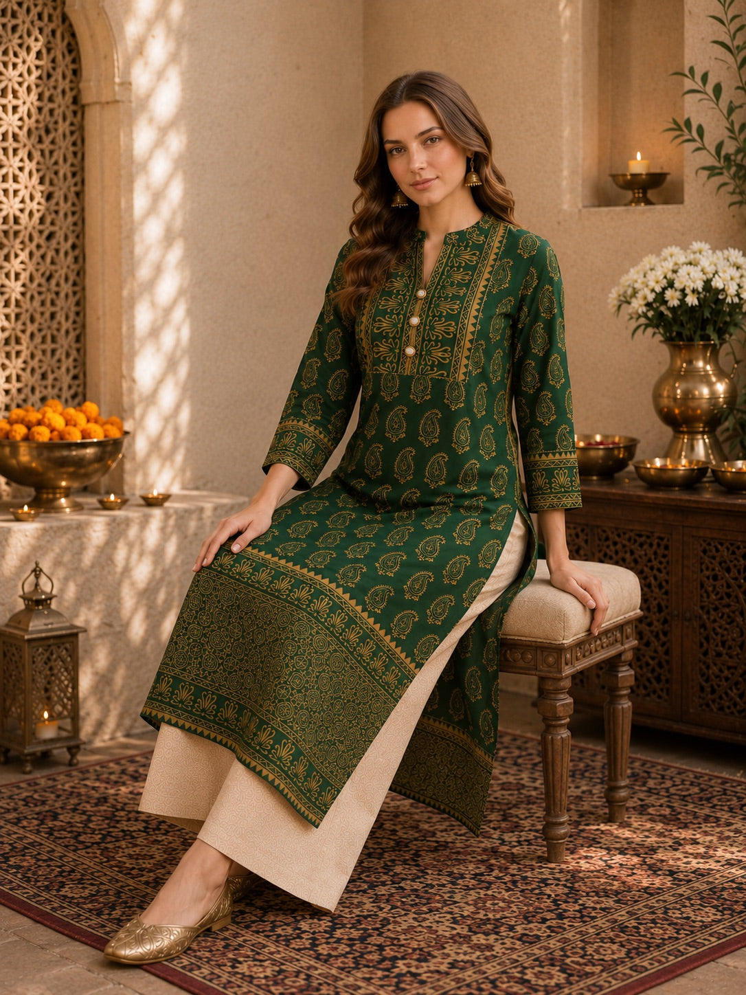 Noor-E-Mehfil Emerald Green & Gold Paisley Festive Kurta for Women