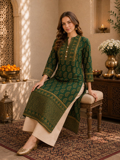 Noor-E-Mehfil Emerald Green & Gold Paisley Festive Kurta for Women
