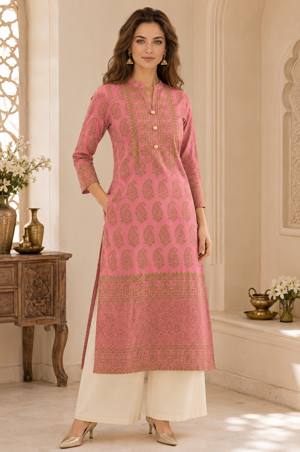 Gulabi Noor Pink & Gold Paisley Print Festive Kurta for Women