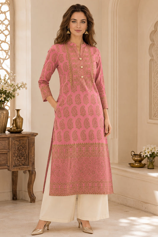 Gulabi Noor Pink & Gold Paisley Print Festive Kurta for Women