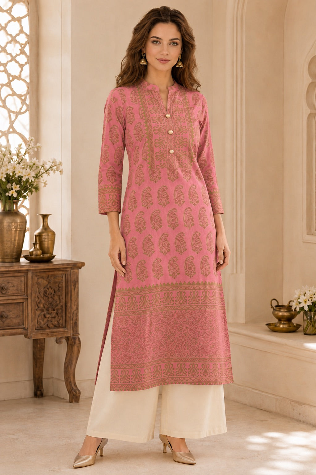 Gulabi Noor Pink & Gold Paisley Print Festive Kurta for Women