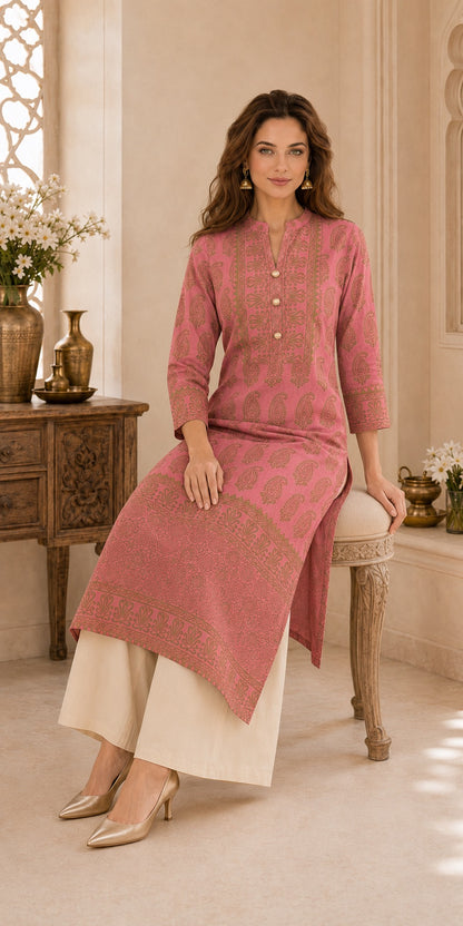 Gulabi Noor Pink & Gold Paisley Print Festive Kurta for Women