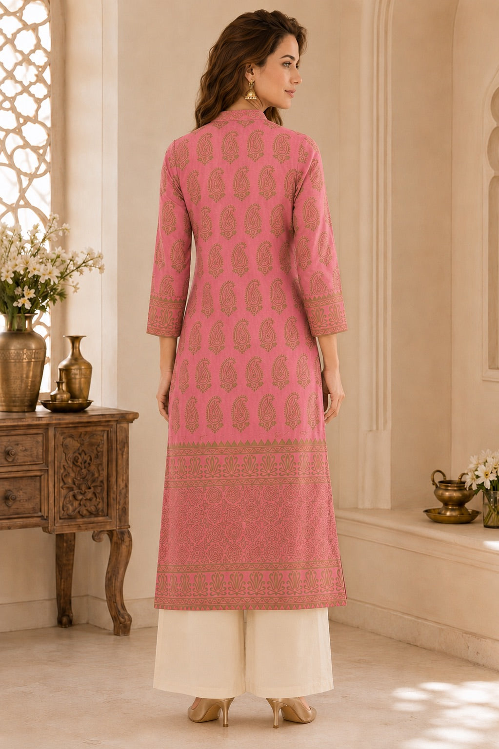 Gulabi Noor Pink & Gold Paisley Print Festive Kurta for Women