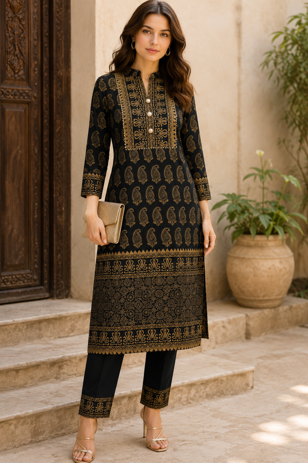 Noor-e-Siyah Black & Gold Paisley Kurta Pant Dupatta Set