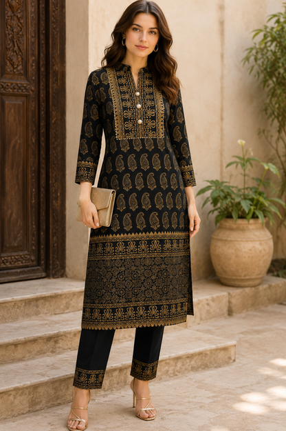 Noor-e-Siyah Black & Gold Paisley Kurta Pant Dupatta Set