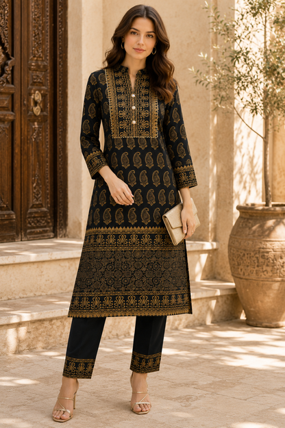 Noor-e-Siyah Black & Gold Paisley Kurta Pant Dupatta Set