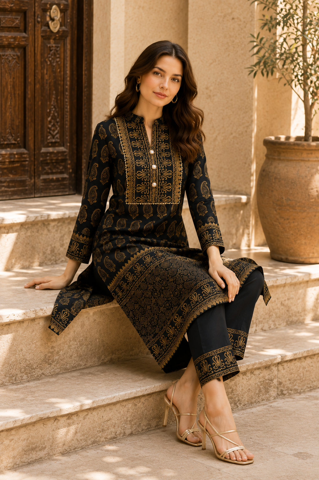Noor-e-Siyah Black & Gold Paisley Kurta Pant Dupatta Set