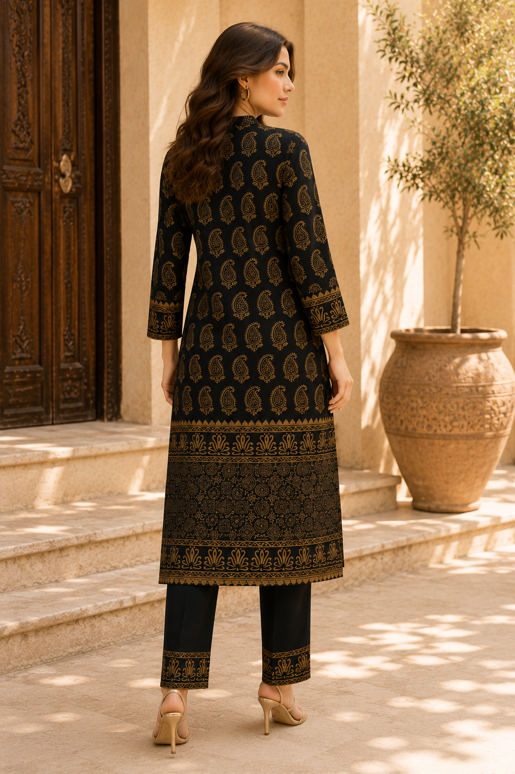 Noor-e-Siyah Black & Gold Paisley Kurta Pant Dupatta Set