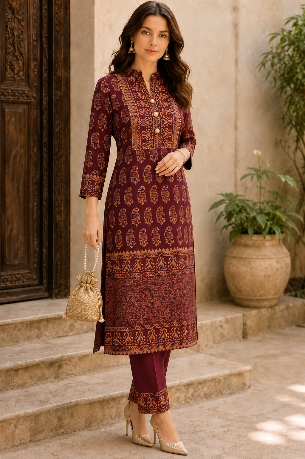Mehfil Maroon & Gold Paisley Kurta Pant Dupatta Set