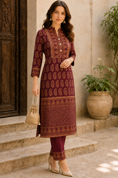 Mehfil Maroon & Gold Paisley Kurta Pant Dupatta Set