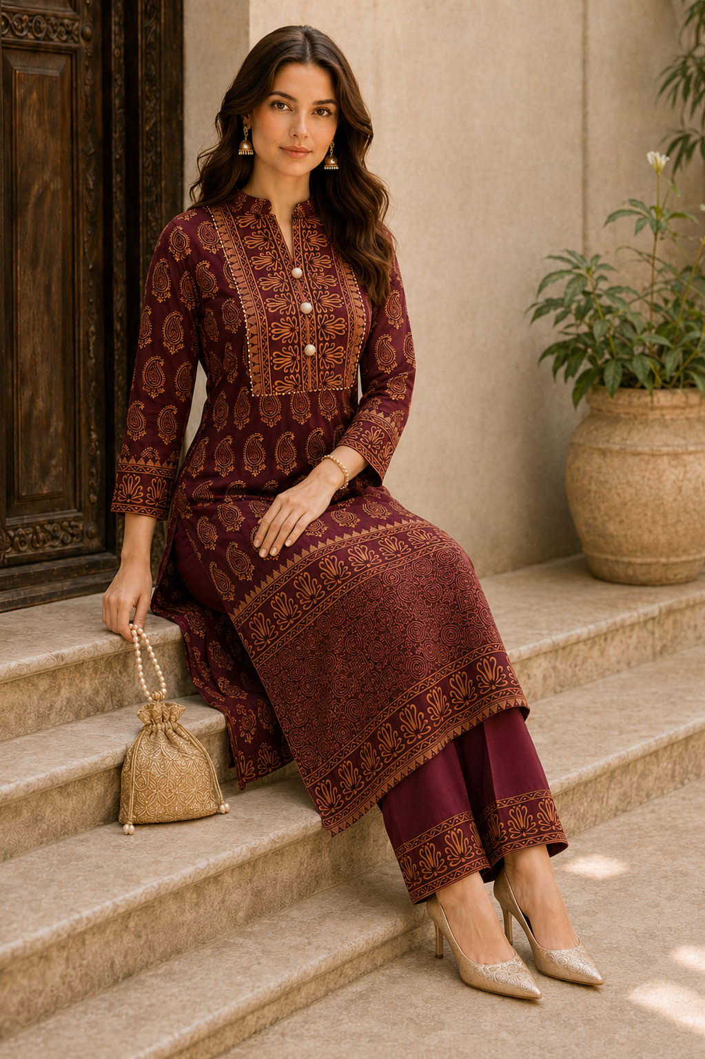 Mehfil Maroon & Gold Paisley Kurta Pant Dupatta Set