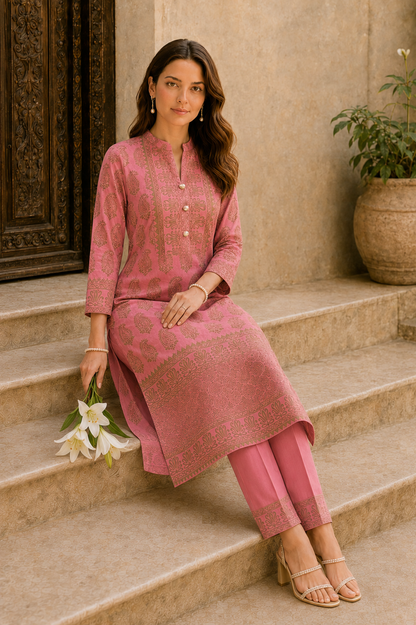 Gulnaar Dusty Rose Paisley Kurta Pant Dupatta Set