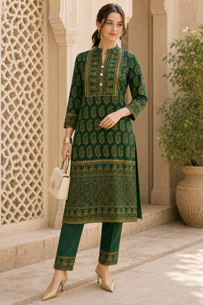 Riwaayat Emerald Green Gold Paisley Kurta Pant Dupatta Set