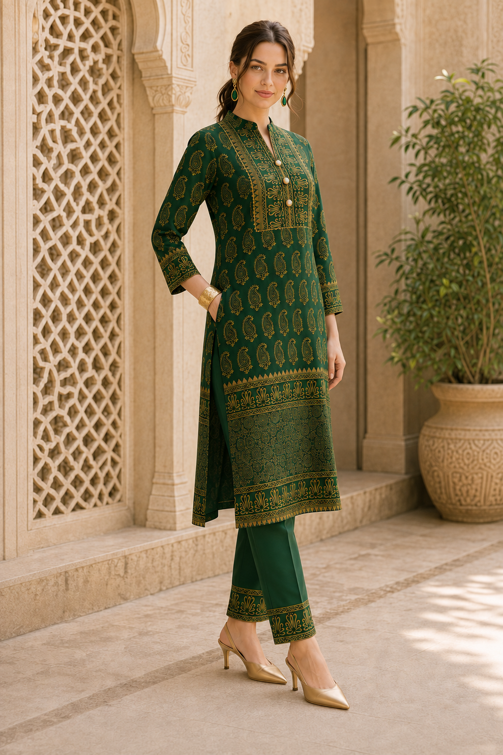 Riwaayat Emerald Green Gold Paisley Kurta Pant Dupatta Set