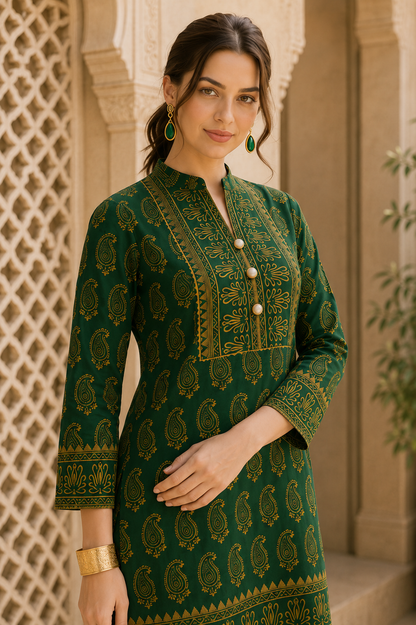 Riwaayat Emerald Green Gold Paisley Kurta Pant Dupatta Set