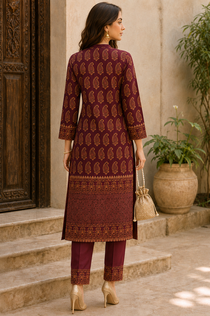 Mehfil Maroon & Gold Paisley Kurta Pant Dupatta Set