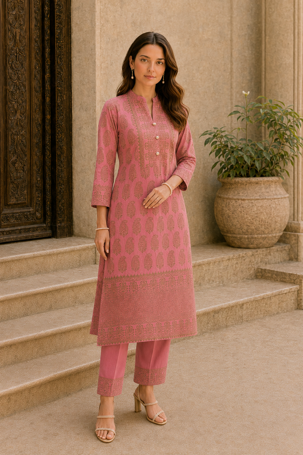 Gulnaar Dusty Rose Paisley Kurta Pant Dupatta Set