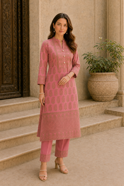 Gulnaar Dusty Rose Paisley Kurta Pant Dupatta Set