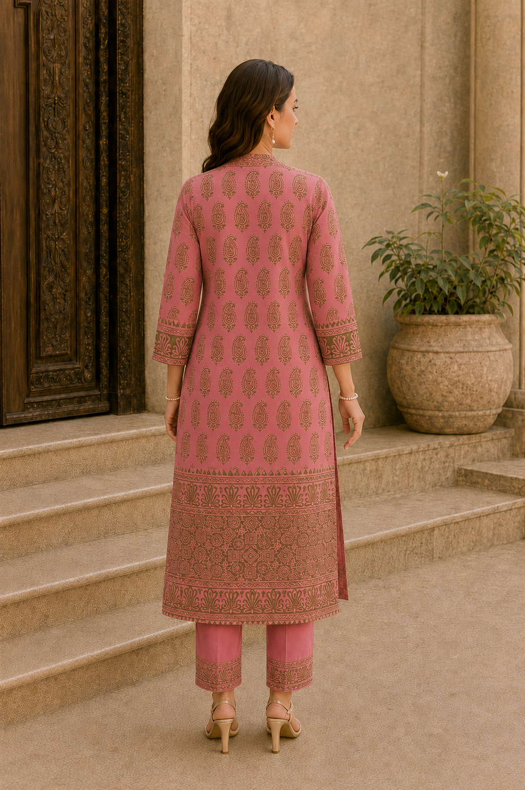 Gulnaar Dusty Rose Paisley Kurta Pant Dupatta Set