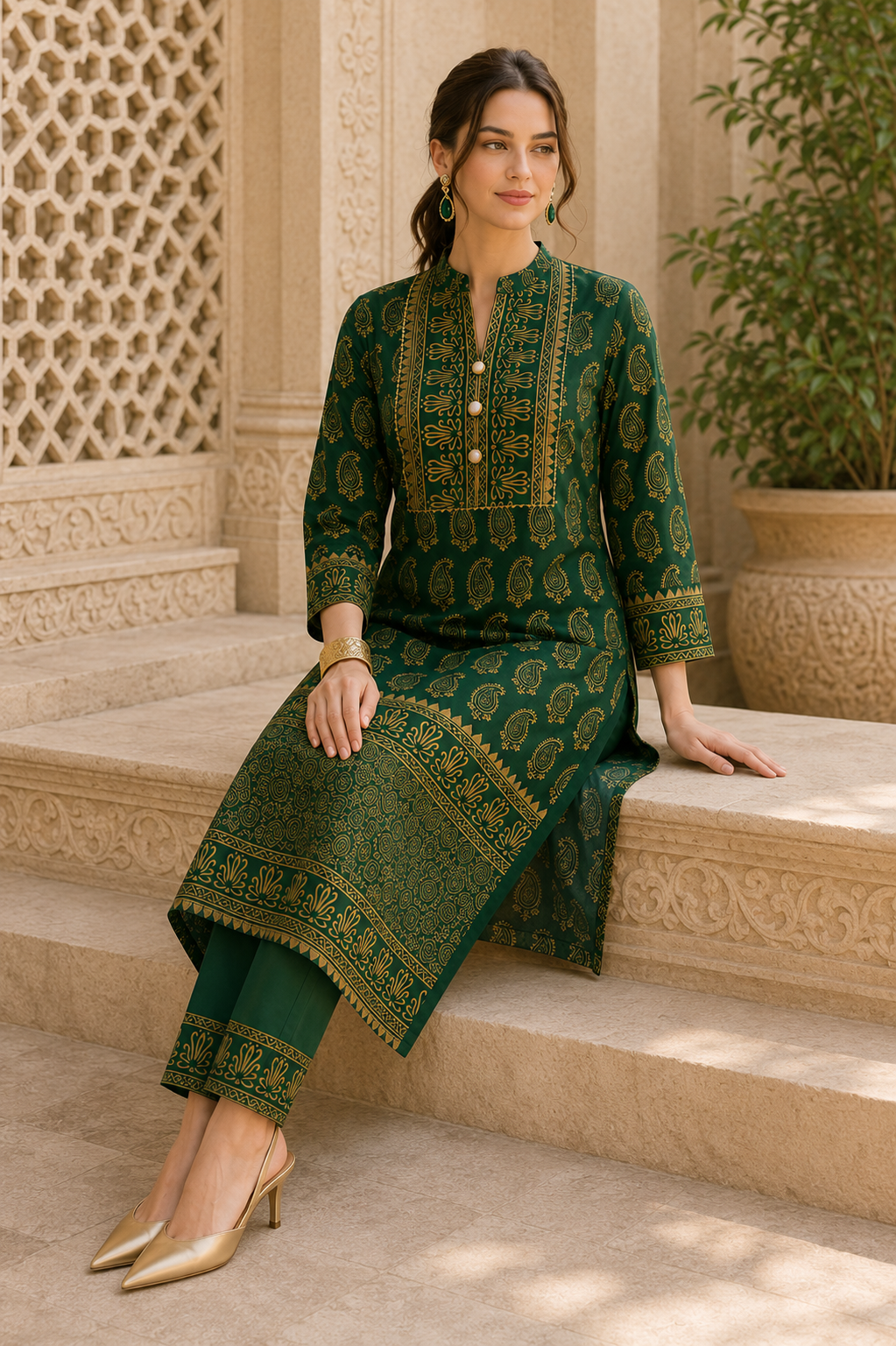 Riwaayat Emerald Green Gold Paisley Kurta Pant Dupatta Set
