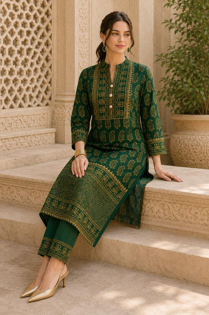 Riwaayat Emerald Green Gold Paisley Kurta Pant Dupatta Set