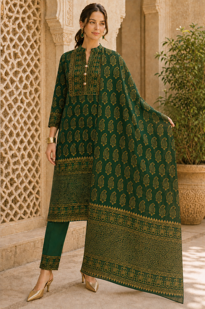 Riwaayat Emerald Green Gold Paisley Kurta Pant Dupatta Set