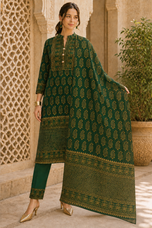 Riwaayat Emerald Green Gold Paisley Kurta Pant Dupatta Set