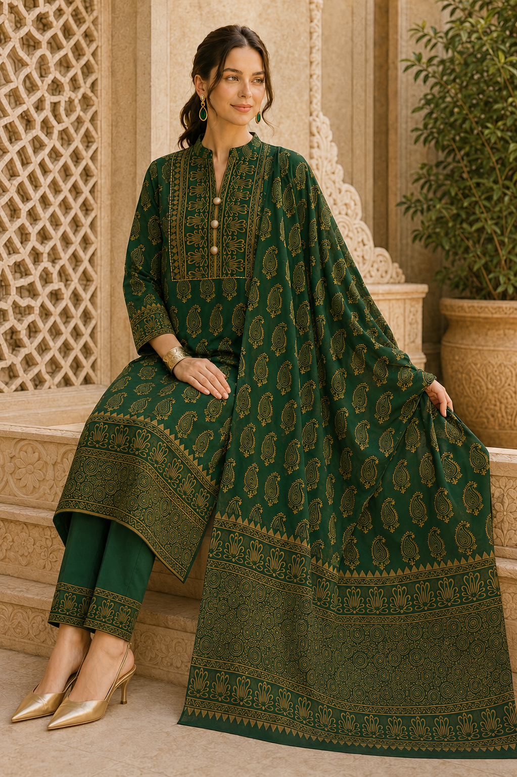 Riwaayat Emerald Green Gold Paisley Kurta Pant Dupatta Set