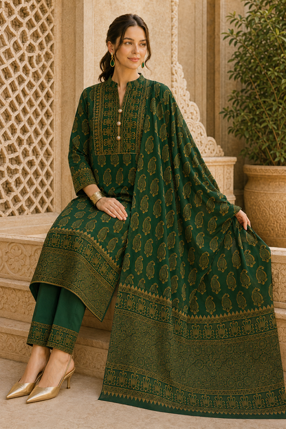 Riwaayat Emerald Green Gold Paisley Kurta Pant Dupatta Set