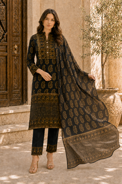 Noor-e-Siyah Black & Gold Paisley Kurta Pant Dupatta Set