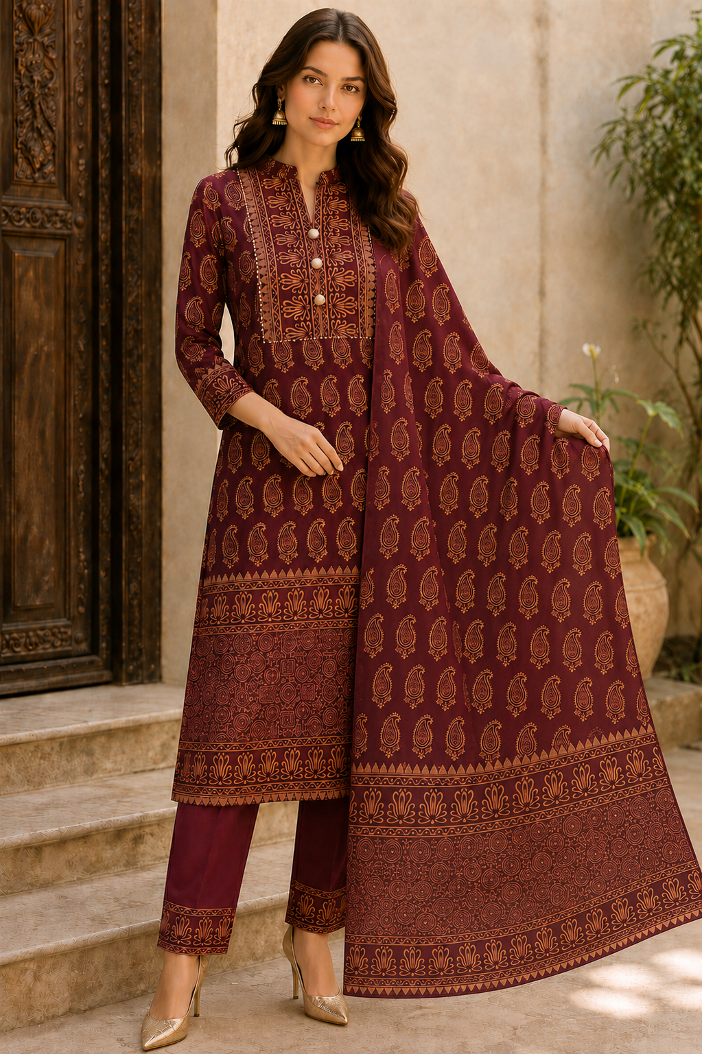 Mehfil Maroon & Gold Paisley Kurta Pant Dupatta Set