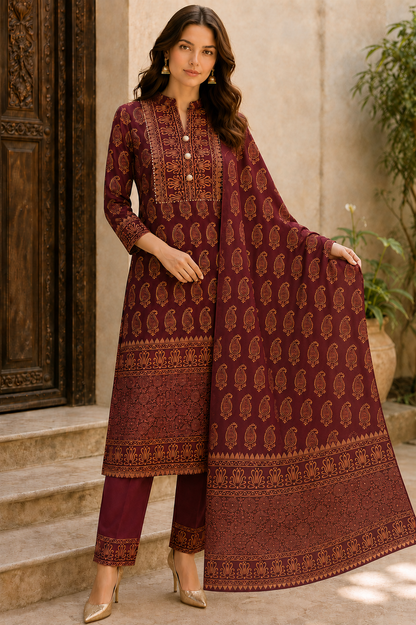Mehfil Maroon & Gold Paisley Kurta Pant Dupatta Set