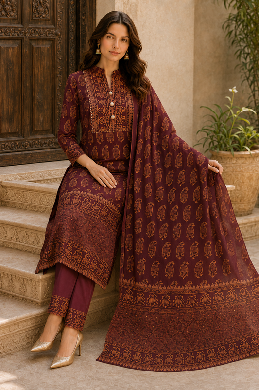 Mehfil Maroon & Gold Paisley Kurta Pant Dupatta Set