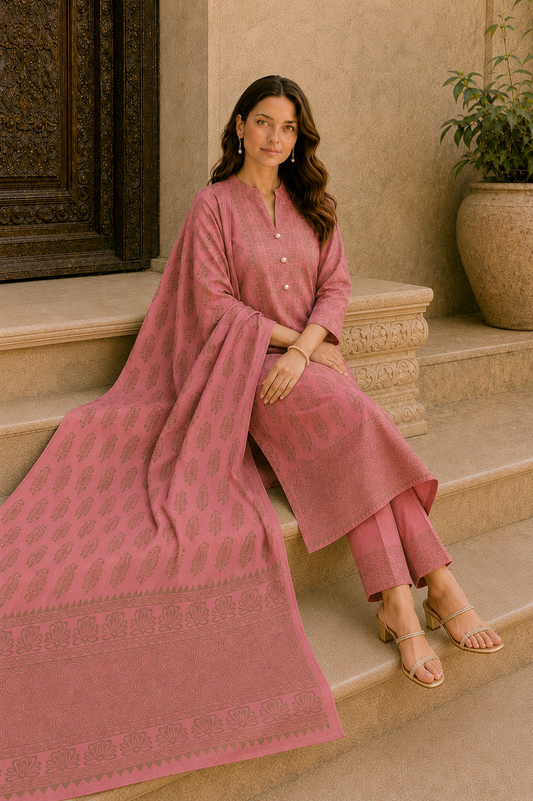 Gulnaar Dusty Rose Paisley Kurta Pant Dupatta Set