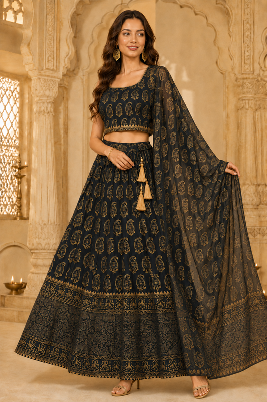 Noorani Hand Block Paisley Lehenga Set