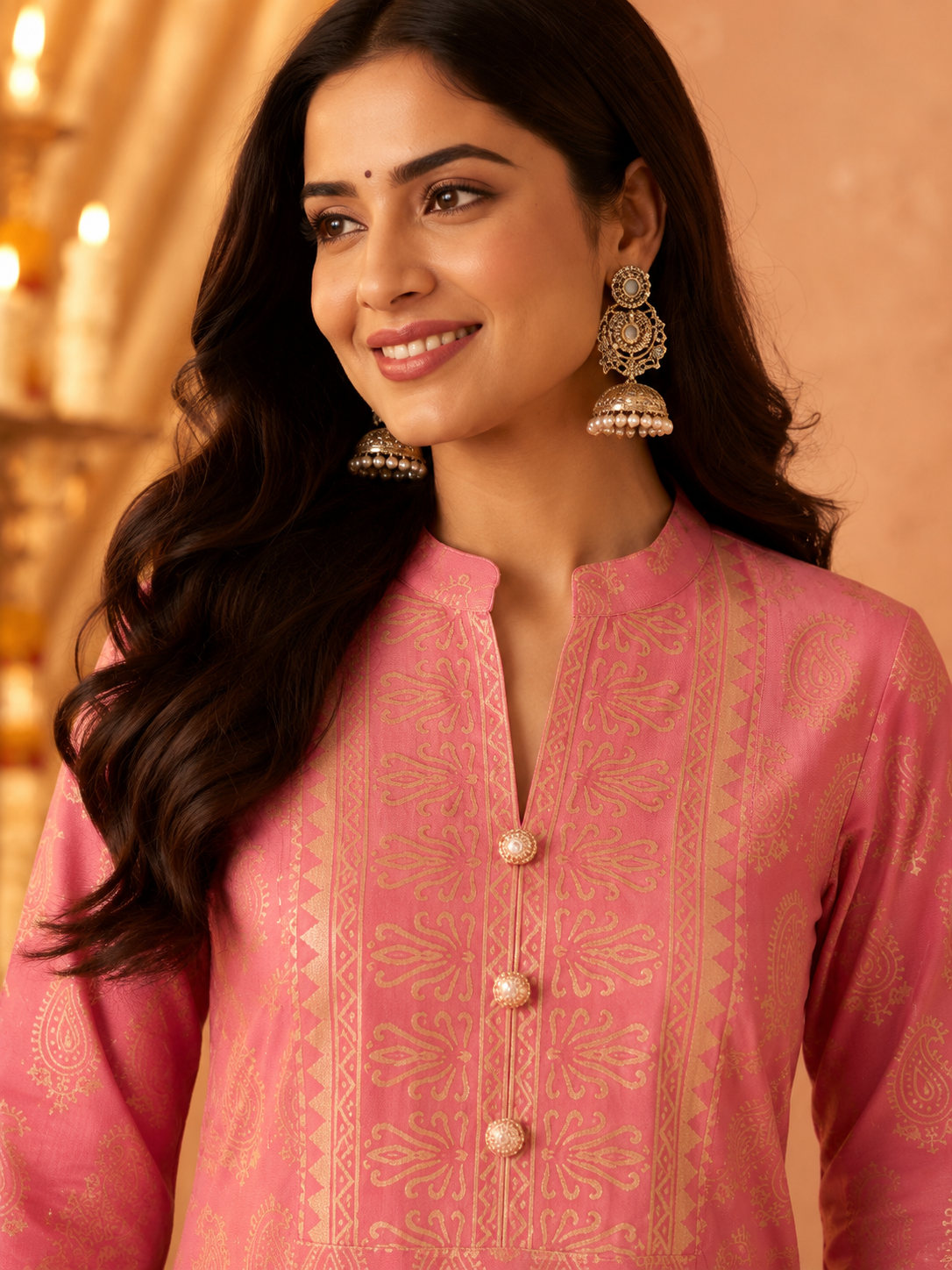 Gulabi Noor Pink & Gold Paisley Print Festive Kurta for Women