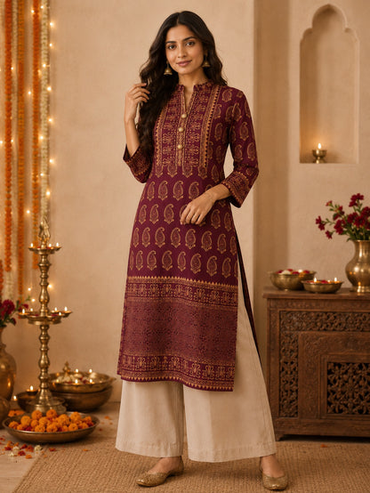 Gulnaar Maroon & Gold Paisley Print Festive Kurta for Women