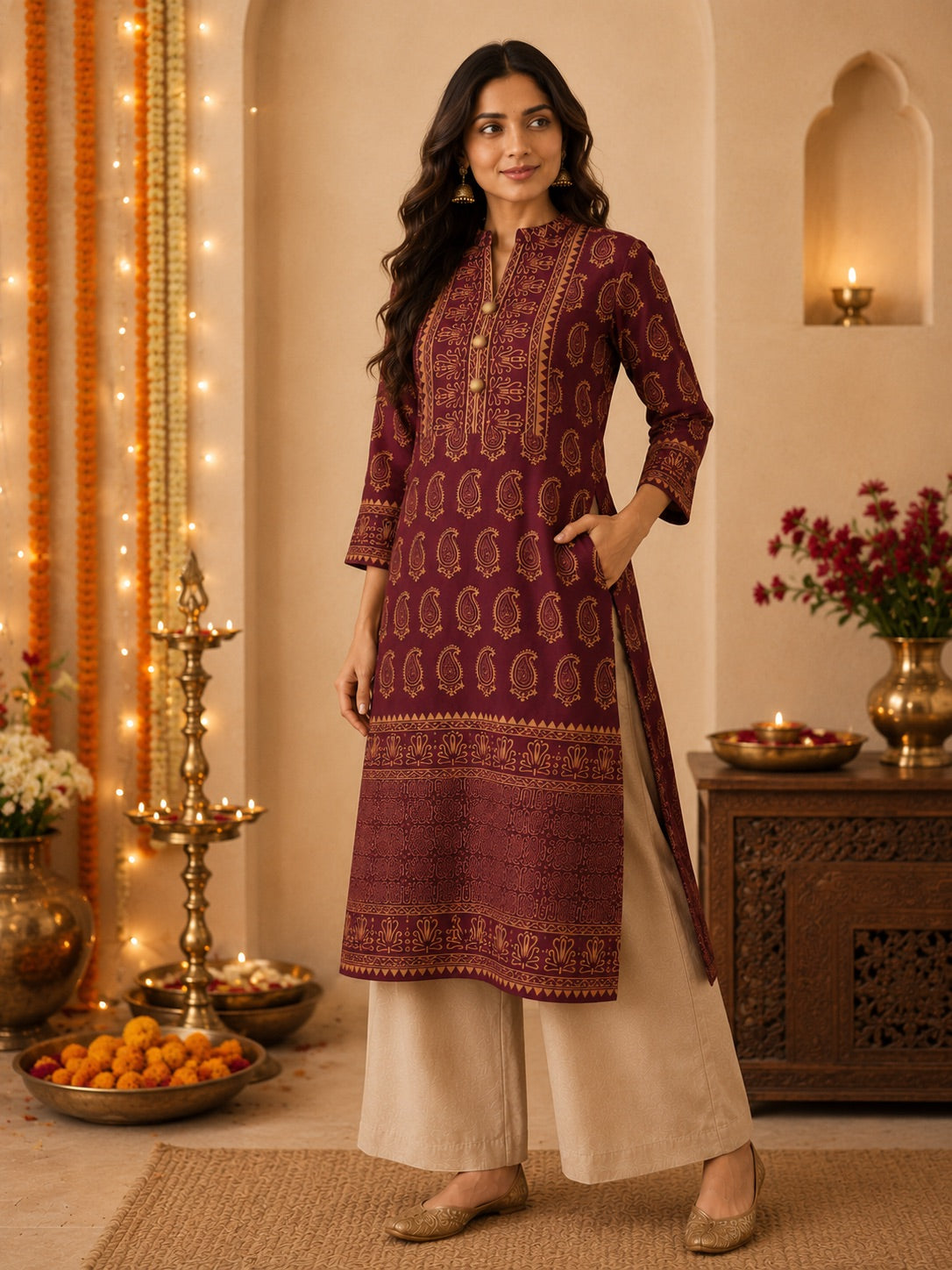 Gulnaar Maroon & Gold Paisley Print Festive Kurta for Women